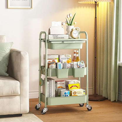 3 Tier Metal Rolling Utility Cart with Drawer & Lockable Wheels - Heavy Duty Multifunctional Storage Organizer with 2 Cups and 4 Hooks for Bathroom, Kitchen, Snack, Craft, Makeup, Baby Essentials