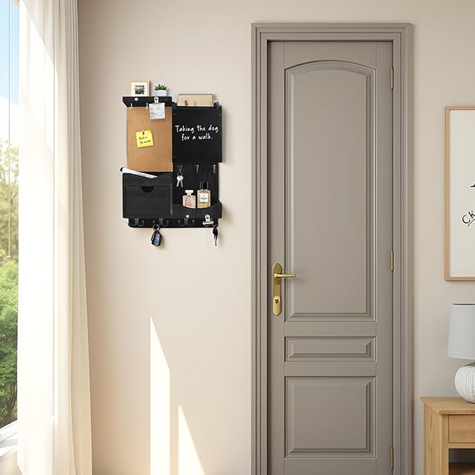 Key Holder Wall Mount， Mail Organizer Key Holder for Wall with Shelf, Drawer, Chalkboard, Corkboard, Home Decor Wall Mounted for Room Entryway (Black)