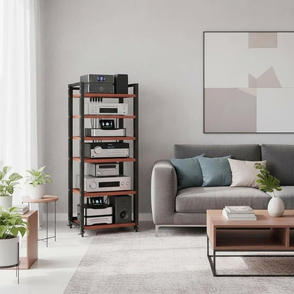 6 Tier AV Media Stand, 55in Audio Rack Tower Stereo Components Cabinet, Home Theatre CD Record Player Stereo Receiver Equipment Rack with Adjustable Wood Shelves, Load 400lbs (Teak Brown)