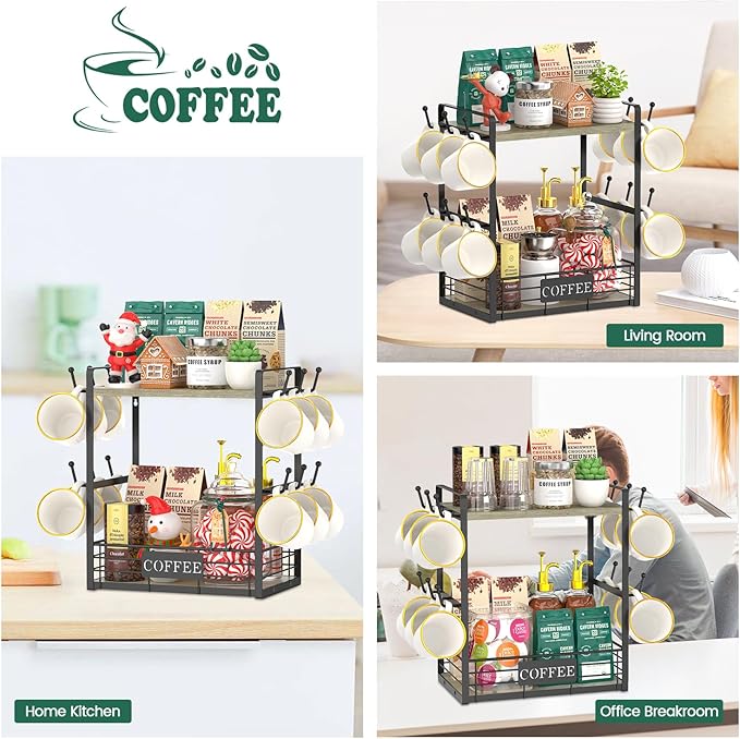 EsLuker.ly Coffee Mug Cup Holder Stand Bar Station Organizer for Countertop, Multi-Functional 2 Tier Mug Tree Rack for Kitchen, Storage Shelf with 12 Hooks, Grey Oak-Black(Patented Design)