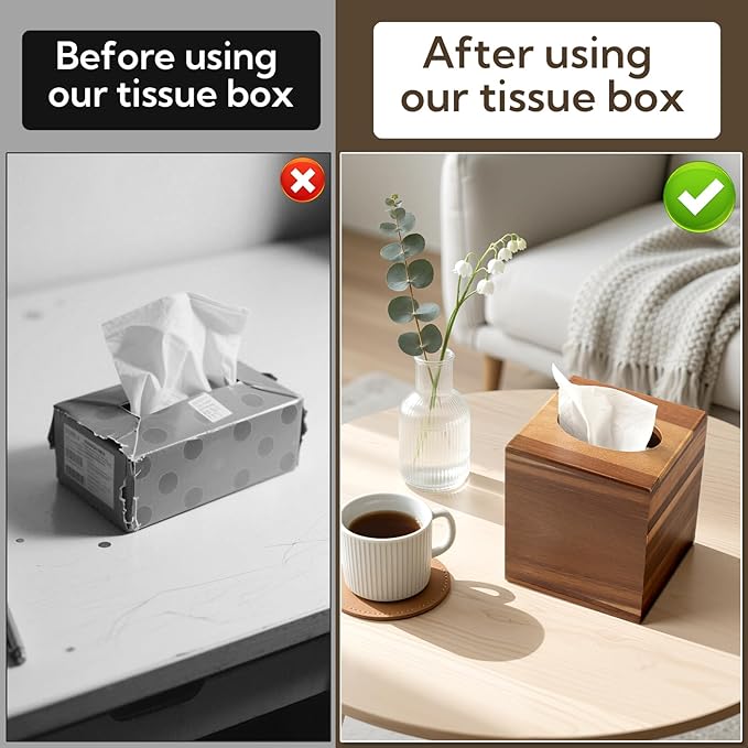 2 Pack Wooden Tissue Box Cover Square - Acacia Wood Tissue Box Holder for Tabletop Stands Bathroom Office- Decorative Facial Wood Tissue Box Cover for Modern Farmhouse Decor-Standard Walnut Color