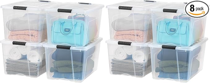 IRIS USA 72 QT Plastic Storage Box with Lid and Latches - 8 Pack - BPA-Free, See-Through Organizing Solution, Durable Nestable Stackable Containers, Secure Pull Handle - Clear