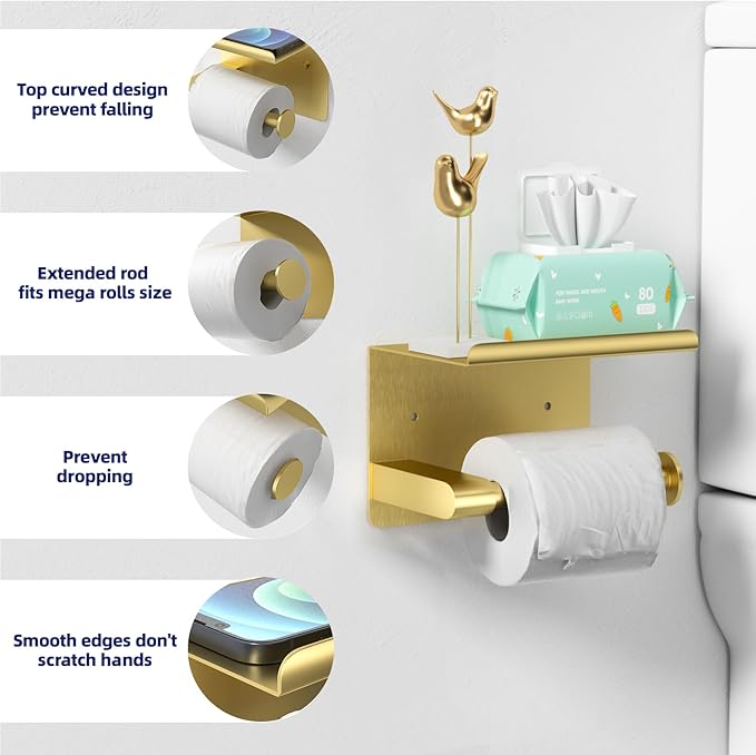 Brushed Gold Toilet Paper Holder Wall Mount, Fits Mega Rolls Size Rustproof Self Adhesive Brushed Brass Toilet Paper Holder Gold with Shelf