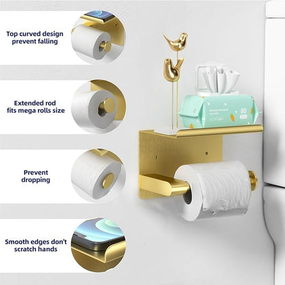 Brushed Gold Toilet Paper Holder Wall Mount, Fits Mega Rolls Size Rustproof Self Adhesive Brushed Brass Toilet Paper Holder Gold with Shelf