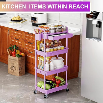 Goovilla Kitchen Cart with Drawers, 4 Tier Rolling Utility Cart Organizer on Lockable Wheels, Purple Fruit Vegetable Storage Rack Also for Cans, Snack, Craft, Art, Office, Beauty
