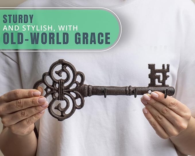 Comfify Cast Iron Skeleton Key Holder for Wall - Decorative Farmhouse Rustic Wall Mount Key Organizer - 3 Key Hooks - Vintage Key Rack for Entryway with Screws & Anchors – 10.8 x 4.7 - Brown