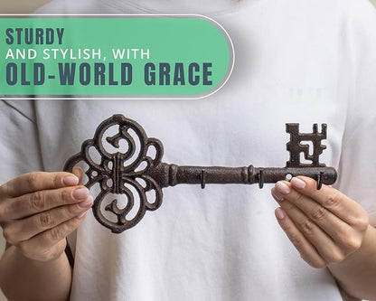 Comfify Cast Iron Skeleton Key Holder for Wall - Decorative Farmhouse Rustic Wall Mount Key Organizer - 3 Key Hooks - Vintage Key Rack for Entryway with Screws & Anchors – 10.8 x 4.7 - Brown