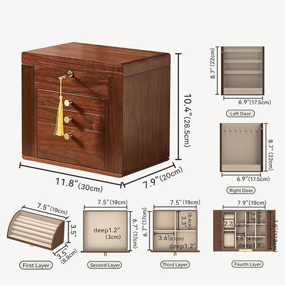 Black Walnut Wooden Jewelry Box, Wood Jewelry Organizer with 2 Side Doors Mirror Lockable Classical for Watch Necklace Ring Earring Storage Christmas Gifts-4 Layer with Curved Ring Grooves