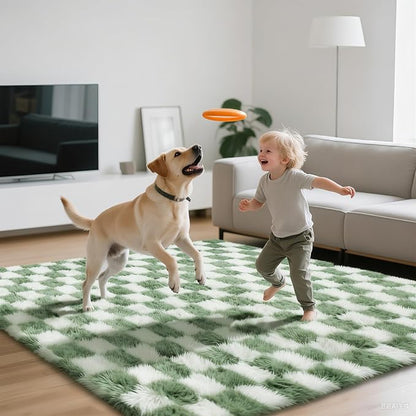 Area Rugs for Bedroom Living Room,5x8 Green and White Fluffy Soft Checkered Rug Fuzzy Shag Shaggy Carpet,Indoor Plush Floor Rugs for Teen Dorm Home Decor