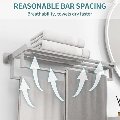 Towel Racks for Bathroom Wall Mounted, 24 Inch Double Towel Bar, Dual Towel Rack with Shelf, Stainless Steel Hand Towel Hanger, Bath Towel Holder for Wall, Brushed Nickel