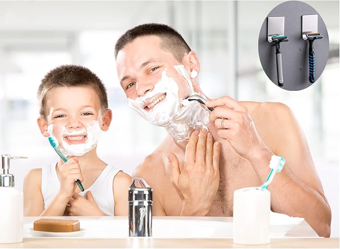 Razor Holder Shaver Hook Hanger Stand(2 Pack)Self Adhesive Stainless Steel Heavy Duty Utility Storage Hook,Shower Hook for Razor,Bathroom Kitchen Organizer for Plug Robe Towel Loofah Bathrobe Coat