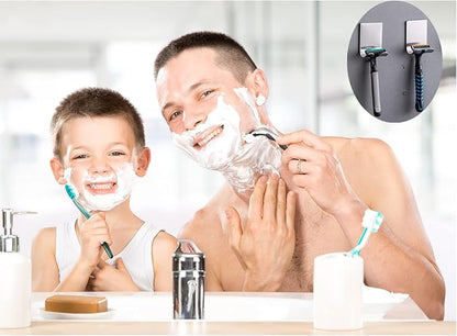 Razor Holder Shaver Hook Hanger Stand Caddy (4 Pack) Self Adhesive Stick on Hook Heavy Duty Stainless Steel Phone Holder for Shower, Tools for Hanging Washcloth Towel Loofah for Bathtub Wall, Black