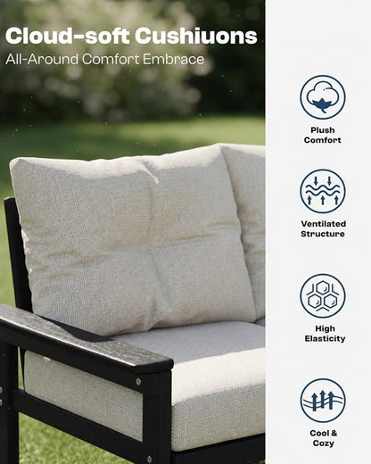 HDPE Patio Sofa Set, 4-Piece Sectional Outdoor Patio Furniture Set, All Weather Outdoor Couch Set with Coffee Table & Beige Washable Thick Cushions for Balcony, Porch(Black Frame)