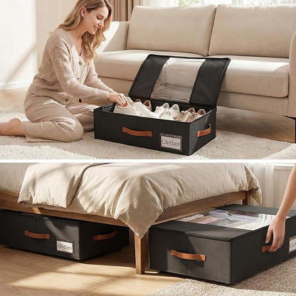 TOSKING 2-Pack Under Bed Storage Bins with Wheels, 4 Vacuum Bags, Heavy Duty 80 lbs, 7.9" Height, 47L Clear Lid Organizer, Space Saver for Dorm Bedroom Clothes Shoes Toys, Quick Assembly, Black