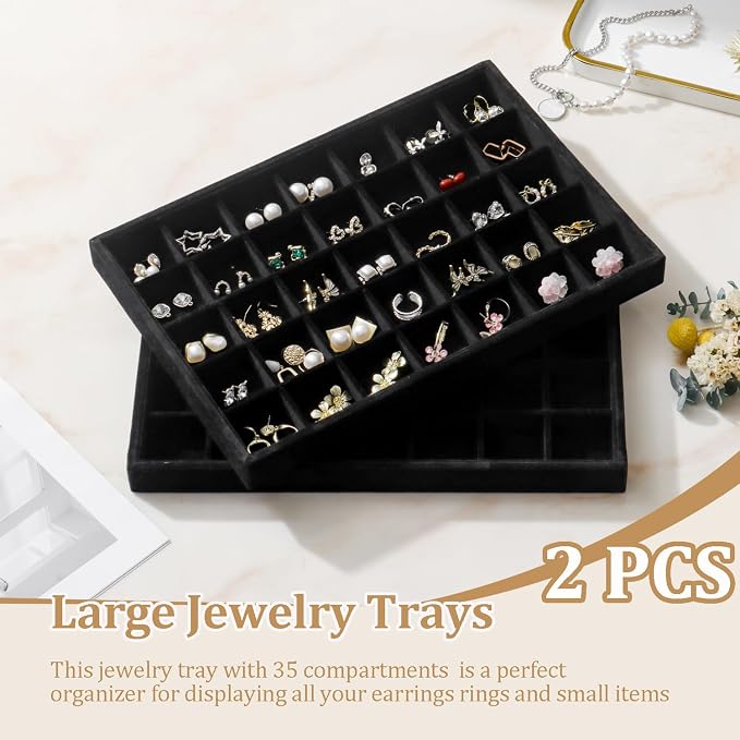 Large Velvet Jewelry Tray 2 Pack Stackable Jewelry Display Drawer Inserts Trays Organizer for Earring Bracelet Necklace Ring (Black, 35 Grids)