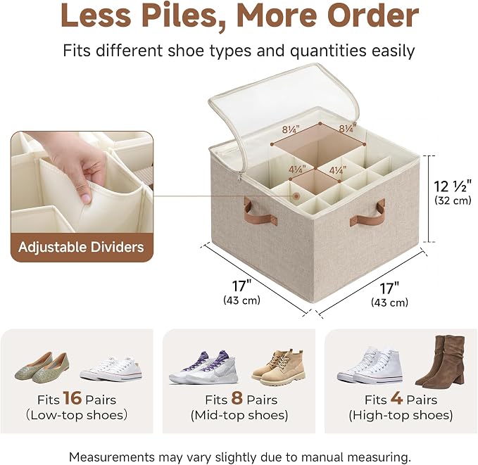 StorageWorks Shoe Organizer for Closet, Shoe Cubby Storage Containers with Adjustable Dividers and Clear Cover, Foldable Shoe Storage Box for Sandals, Sneakers, Fits up to 16 Pairs, Taupe | Fits up to 16 Pairs