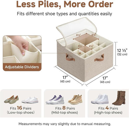 StorageWorks Shoe Organizer for Closet, Shoe Cubby Storage Containers with Adjustable Dividers and Clear Cover, Foldable Shoe Storage Box for Sandals, Sneakers, Fits up to 16 Pairs, Taupe | Fits up to 16 Pairs