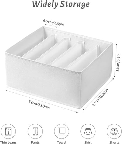 4 Packs Jeans Drawer Organizers for Clothing,5 Grids Compartment Wardrobe clothes organizer,Fabric Washable Closet Organizers and Storage Bins for Jeans,Pants,Bra,Legging,t-shirt-White