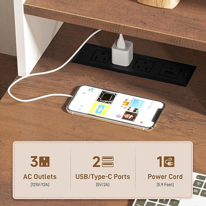 Vabches 51" Executive Desk Farmhouse Home Office Desk with Charging Station, File Drawer, Storage Cabinet, Monitor Stand, Wood Computer Desk with Hutch for Work Study Writing (White)