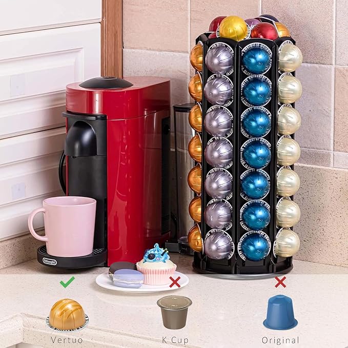 FlagShip Coffee Pod Holder for Nespresso Vertuoline,Rotating Carousel with Extra Top Space Holds 80+ Pods,Prefect fit all size Vertuo Pods,No Assembly Required Black Metal for Nespresso Pod Storage