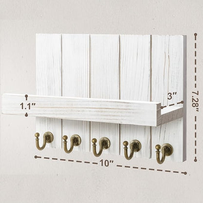 Rebee Vision Farmhouse Key Holder for Wall - Decorative Mail Organizer & Key Rack Wall Mount - Elegant 5 Sturdy Key Hooks with Floating Shelf for Living Room Decor (Whitewash, 3.54"D x 10"W x 7.28"H)