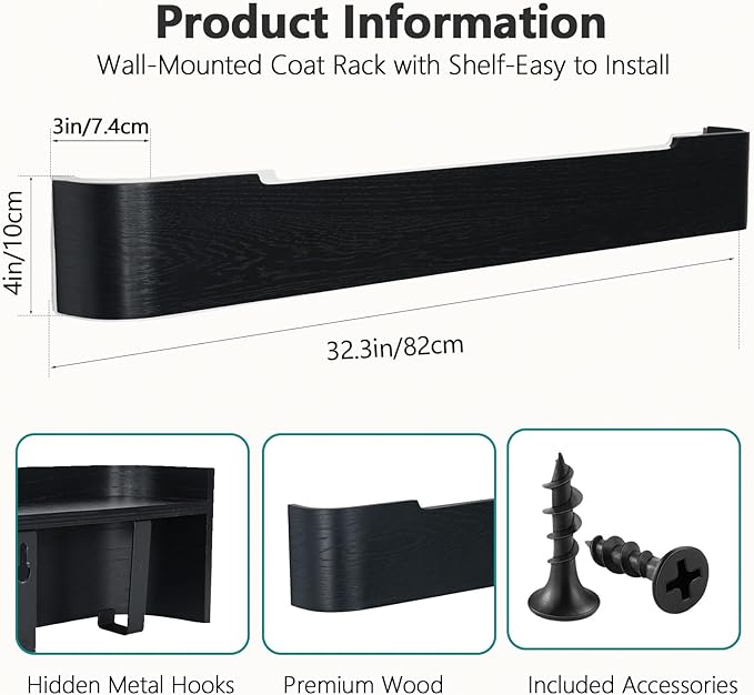 Coat Rack Wall Mount with Shelf 8 Hidden Hooks Modern Wooden Key Holder Entryway Organizer for Hallway Bedroom Bathroom Home Decor Storage for Hanging Coats Hats Bags Towels, Black