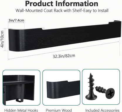 Coat Rack Wall Mount with Shelf 8 Hidden Hooks Modern Wooden Key Holder Entryway Organizer for Hallway Bedroom Bathroom Home Decor Storage for Hanging Coats Hats Bags Towels, Black