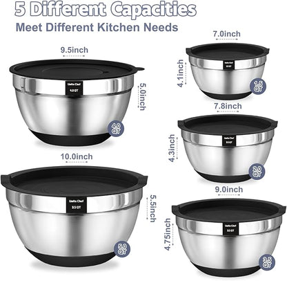 Umite Chef Mixing Bowls with Airtight Lids, 8PCS Stainless Steel Nesting Mixing Bowls Set, 3 Grater Attachments & Non-Slip Bottoms, Black Kitchen Bowls, Size 5, 4, 3.5, 2, 1.5QT for Baking & Serving
