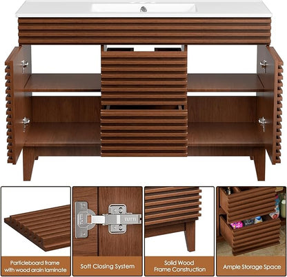 ROOMTEC 48" Bathroom Vanity with Sink, Mid-Century Freestanding Bathroom Vanity Sink with Storage, Undermount Ceramic Sink, Cabinet Particleboard Frame with Wood Grain Laminate, Walnut