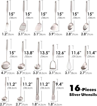 18/10 Stainless Steel Cooking Utensils Set - 16 PCS All Metal Small & Large Kitchen Spoons, Serving Utensils - Whisk, Masher, Fork, Tongs, Solid/Slotted Spoon, Spatula, Turner, Ladle, Skimmer, Pasta