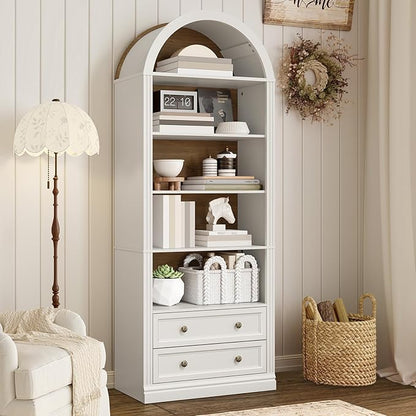 Farmhouse Arched Bookshelf, 7 Tiers Arch Bookcase with 2 Spacious Drawers, Modern Book Shelf with Open Display Shelves and Storage Cabinet, for Office, Living Room, Kitchen, Walnut and White