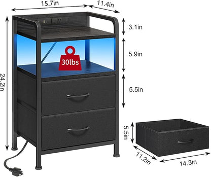 Fixwal Night Stand for Men Bedroom with 2 Fabric Storage Drawers and Shelves, Nightstand with Charging Station & LED Lights, Black