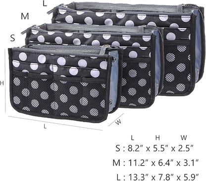 Vercord Purse Organizer Insert for Handbags Bag Organizers Inside Tote Pocketbook Women Nurse Nylon 13 Pockets Black Dots Large