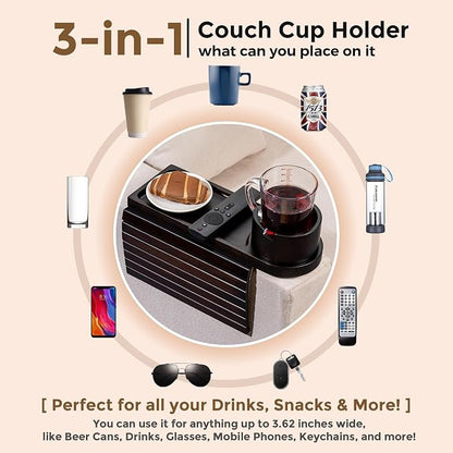 Couch Cup Holder Tray for Armrests Over 4.9" Wide, Bamboo Couch Arm Tray with 360° Rotating Phone Stand, 3 in 1 Foldable Sofa Arm Tray Table for Remote, Snacks, Phone, Drinks Black