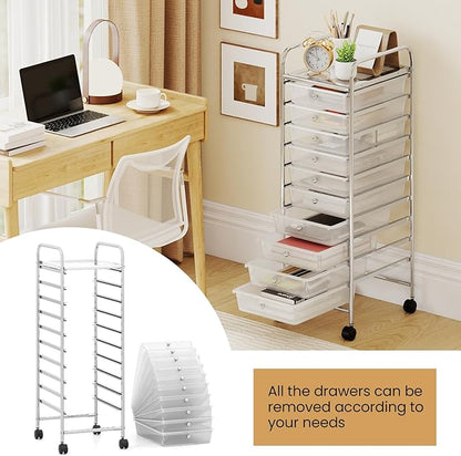 Giantex Rolling Storage Cart with 10 Drawers, Utility Cart with Tabletop, Drawer Organizer with Wheels for Craft Art Paper Tool, Mobile Organization & Sorting for Office Home School School Supplies