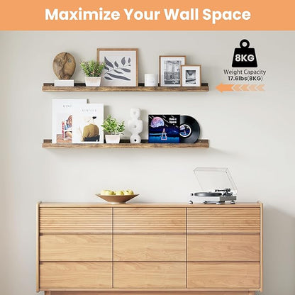 upsimples Floating Shelves for Wall, 47.3 Inch Shelves for Decor Storage Set of 6, Wall Mounted Wood Shelf for Bedroom, Living Room, Bathroom, Kitchen, Long Picture Ledge Shelves, Brown