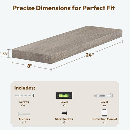 Vivelove Floating Shelves for Wall Solid Elm Wood, 24 Inches Long Rustic Wall Shelf with Invisible Bracket for Living Room Bedroom Bathroom Office Book, Farmhouse Wall Decor, Set of 2 - Grey