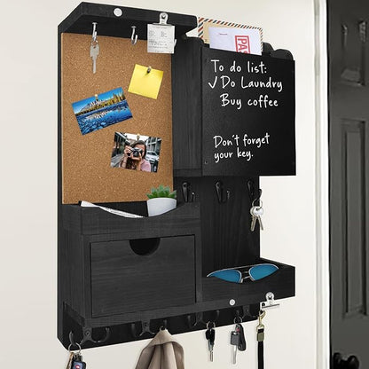 Key Holder Wall Mount， Mail Organizer Key Holder for Wall with Shelf, Drawer, Chalkboard, Corkboard, Home Decor Wall Mounted for Room Entryway (Black)