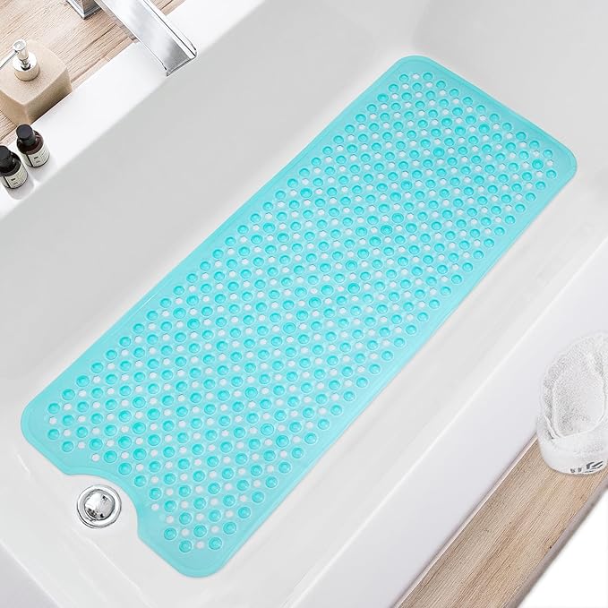 TEESHLY Bath Tub and Shower Mats, Non Slip 40 x 16 Inch Extra Large Bathtub Mat, Machine Washable Bathmat with Drain Holes, Suction Cups for Bathroom Floor, Clear Turquoise