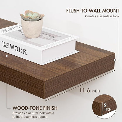 Acovy 48 Inch Floating Shelves, 12" Deep Floating Shelf Wall Mounted, 48" Wall Shelves, Rustic Deep Bookshelf, Extra Deeper & Thicker Display Shelves for Bedroom, Living Room, Walnut, Set of 2