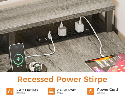 ODK 75" L Shaped Desk with File Drawers, Work from Home Office Desk with Power Outlet, Reversible Computer Desk with Storage Shelves, Gaming Desk with Monitor Shelf, Corner WFM Table, Grey Oak
