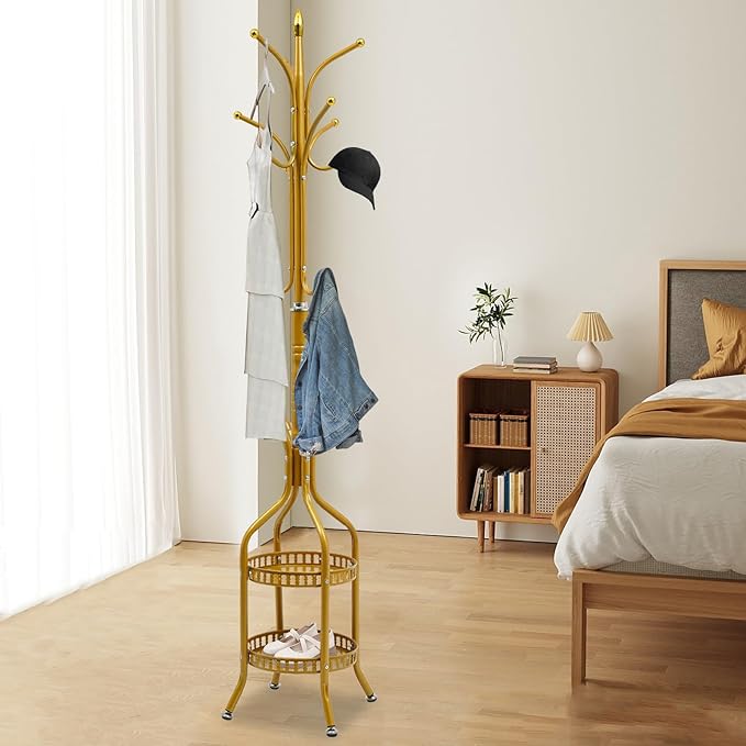 72.8in Coat Rack Freestanding 12 Hooks Coat Tree with Umbrella Holder Metal Modern Coat Hanger Stand for Entryway, Purse Rack Hat Rack Stand for Living Room Bedroom Office (Golden)
