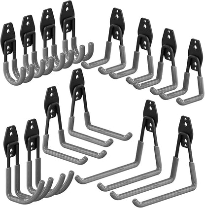 3-H Garage Wall Hooks 14 Pack,Garage Hooks Heavy Duty with Extra Welding Spots,Wall Mount Storage Organizer for Hanging Garden Lawn Tools,Ladder,Bike,WeedEater,Chair,Shovel,Blower(Grey)