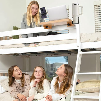 Bedside Shelf for Dorm Bed & Top Bunk, Bamboo Bed Side Table Tray with Cup Phone Holder & Hooks, Bedside Caddy, Clip on Nightstand Bedside Storage College Dorm Room Essentials (Bamboo-1)