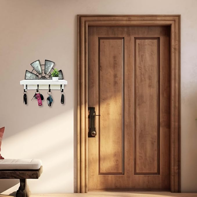 Windmill Key Holder Wall Mount, Decorative Wall Mounted Key and Mail Rack with Shelf, Farmhouse Wall Decor, 4 Rustic Hooks for Coats & Keys, White Western Key Holder.
