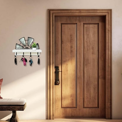 Windmill Key Holder Wall Mount, Decorative Wall Mounted Key and Mail Rack with Shelf, Farmhouse Wall Decor, 4 Rustic Hooks for Coats & Keys, White Western Key Holder.