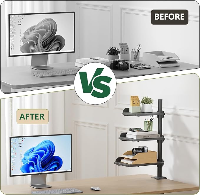3 Tier Clamp-on Desk Shelf Height Adjustable, 360° Rotatable Desktop Storage Tray with Baffle, Over or Under Desk Organizer Shelf for Office Accessories, Black