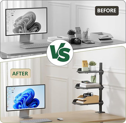 3 Tier Clamp-on Desk Shelf Height Adjustable, 360° Rotatable Desktop Storage Tray with Baffle, Over or Under Desk Organizer Shelf for Office Accessories, Black