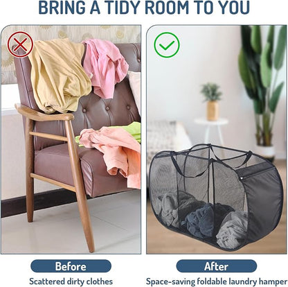 Seiritex Mesh Popup Laundry Hamper 3 Compartment Sortable Horizontal Collapsible Laundry Basket for Clothes Laundry Room Bedroom Toys Travel (Black)