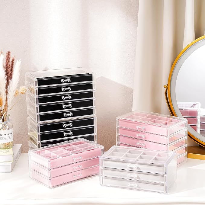 ProCase Earring Holder Organizer Jewelry Box with 10 Drawers, Acrylic Clear Earring Case with Adjustable Velvet Trays for Women - Black,10 Layers